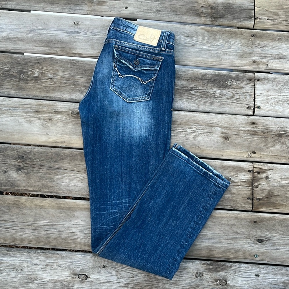 Cult of Individuality Straight Leg Indigo Jeans with Faded Whiskering